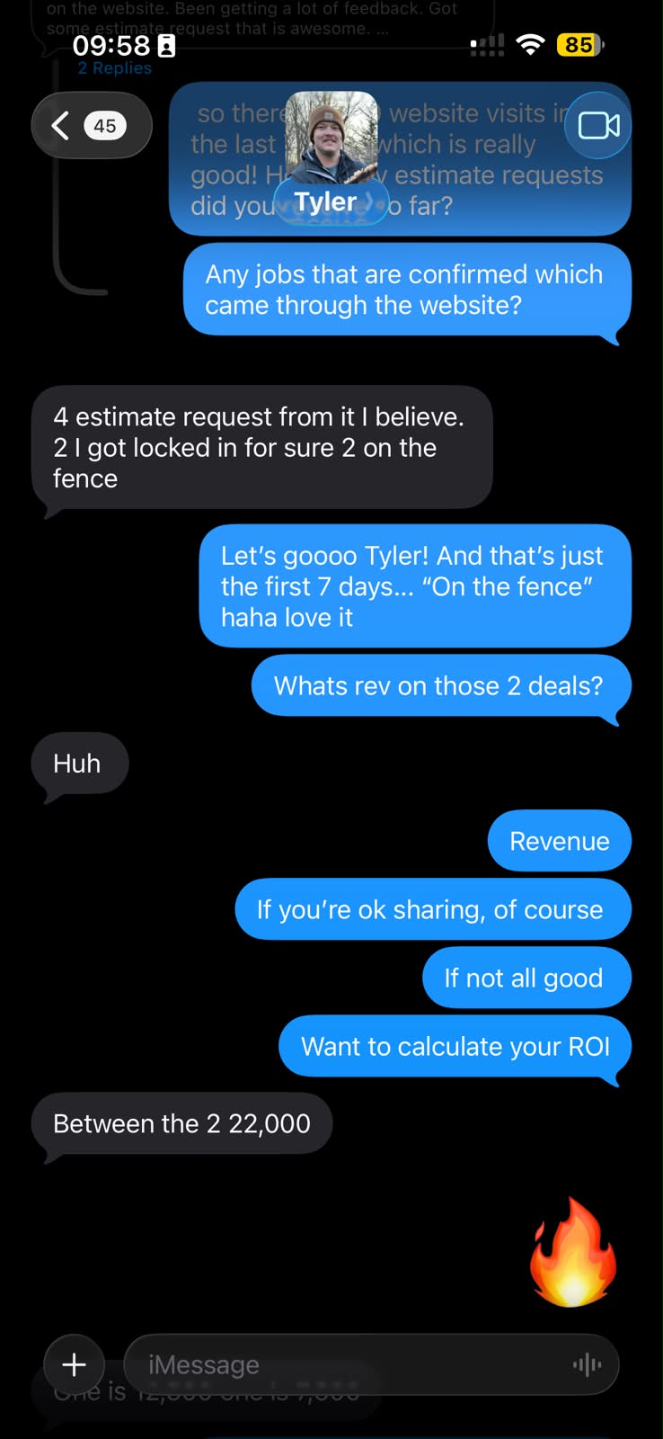 Text conversation with Tyler describing estimate requests and revenue