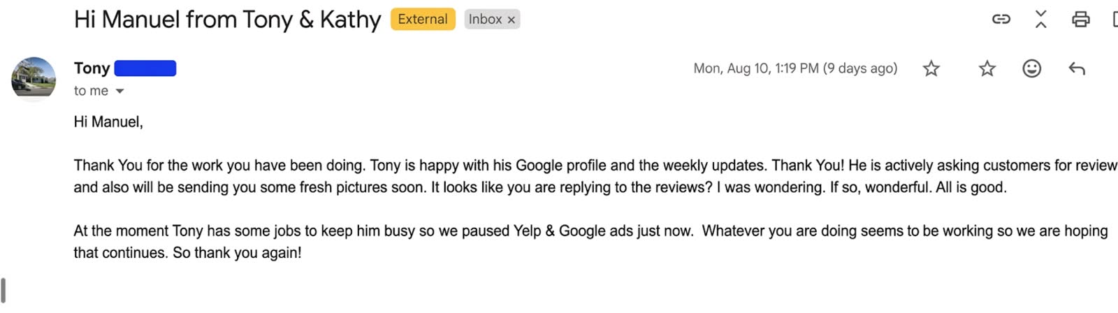 Email from Tony and Kathy describing results from Google search
